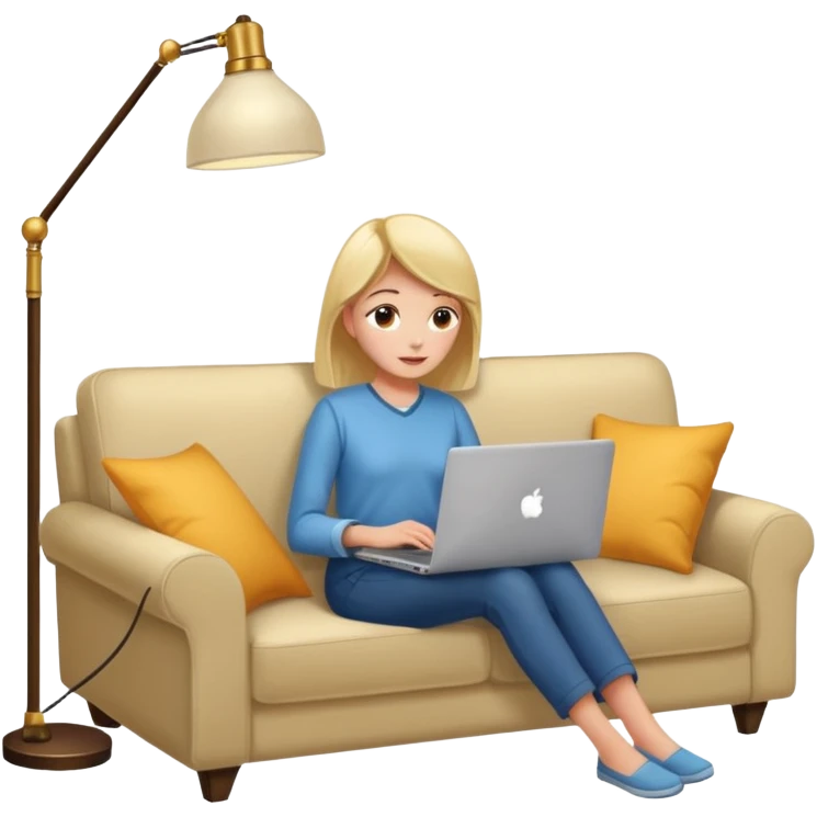 A girl is working with a laptop while lying on a sofa, with a floor lamp to the right. emoji