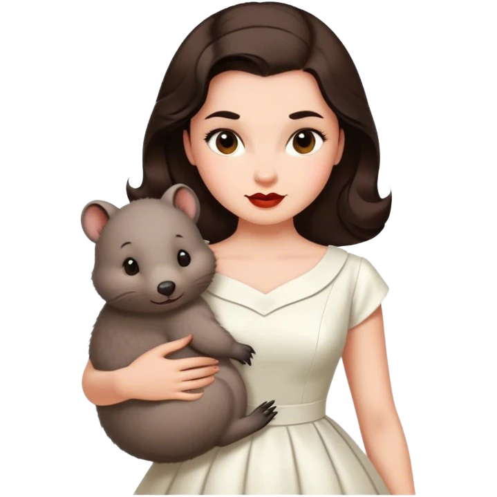 Beautiful woman in 1950’s woman fashion look, white dress, long dark brown hair, wombat emoji
