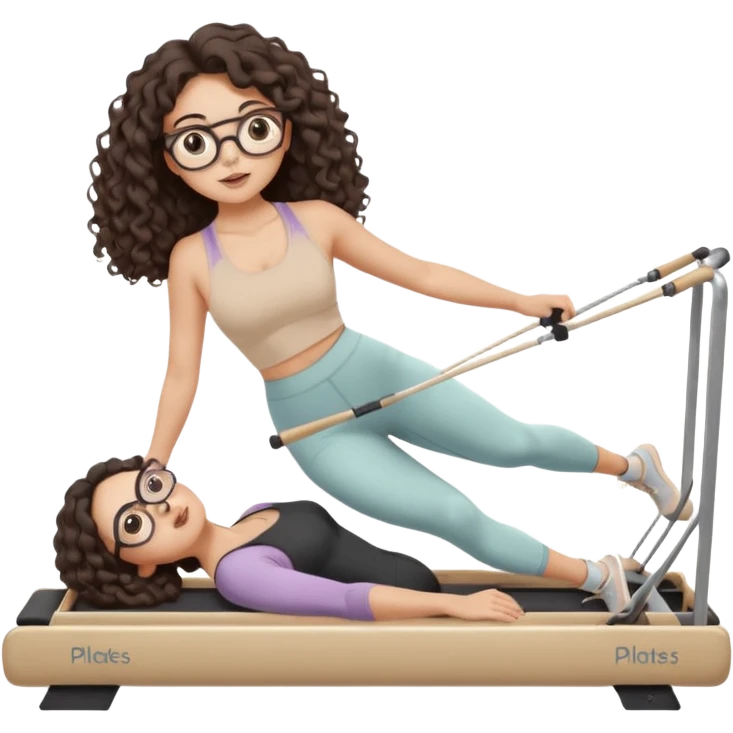 Memoji-style girl with long dark brown curly hair, round glasses, large brown eyes, soft rounded face,makeup, warm beige skin tone, wearing Pilates activewear performing Pilates and reformer Pilates exercises on a reformer machine, pastel color palette, smooth soft shading,latino emoji