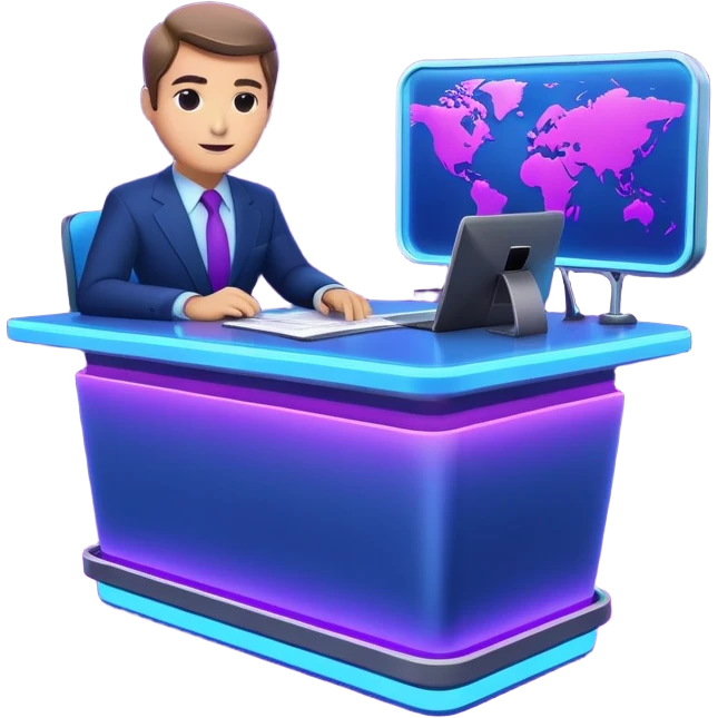 news anchor desk with neon glow effect, blue neon glow on top left, purple neon glow on bottom right emoji