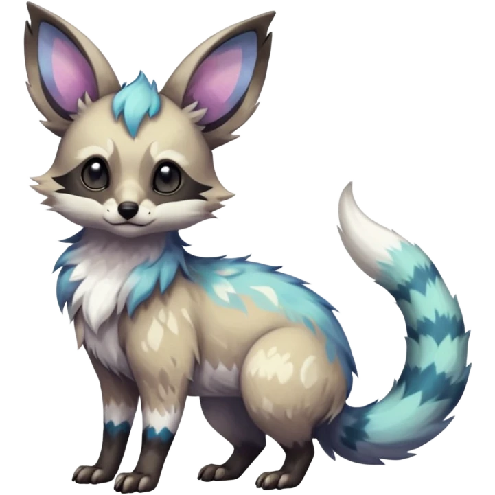 Rare iridescent white exotic epic aesthetic colorful Trico-Eevee-Genet-Civet-species-Fakemon-hybrid-creature, with intricate tattoo markings, full body emoji