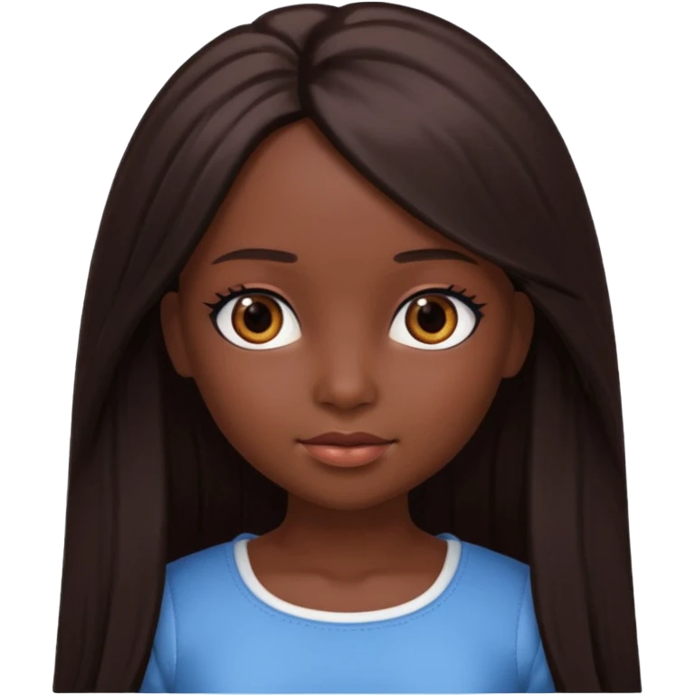 Boneca digital em estilo 3D realista e fofo, semelhante a uma boneca colecionável. Mulher jovem com pele negra, olhos castanhos escuros, cabelo liso cor chocolate, longo e bem alinhado.  emoji