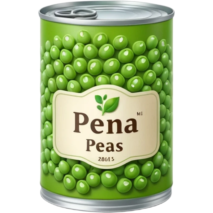 metal can with simple neutral label showing green peas, open top revealing glossy pile of small tender green peas inside, plump and moist suggesting brine preservation, no spoon plate or branding, apple emoji style, soft lighting, subtle shadows, transparent background, emoji scale emoji