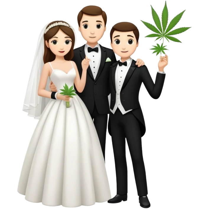 A bride in white wedding dress and groom in tuxedo, full body, sharing cannabis, wedding couple, different pose emoji