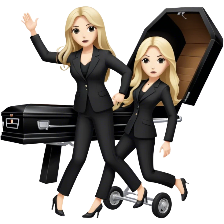 Two woman in black pants suits with long hair punching a stretcher with a coffin on in to a black Mercedes Vito  emoji
