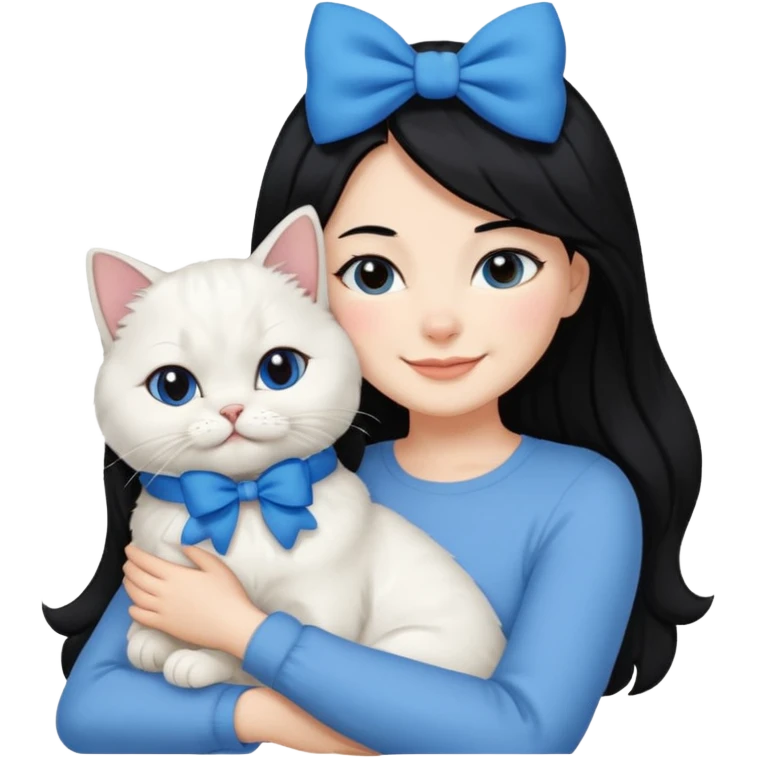 black hair woman snuggling white Persian cat with a blue bow emoji