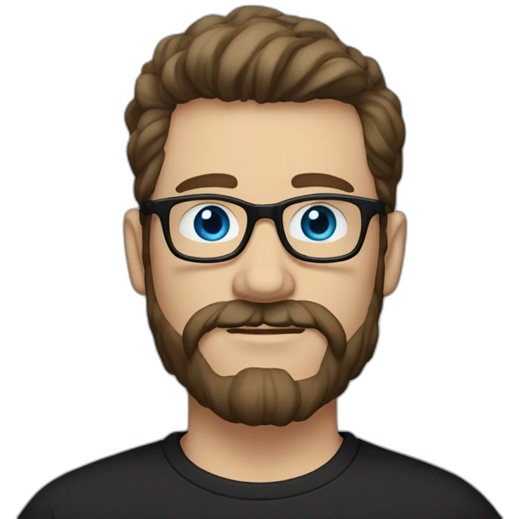White man with blue eyes and dark brown hair, styled sideways backwards. He has a beard and mustache trimmed and wears a black t-shirt and vintage glasses. emoji