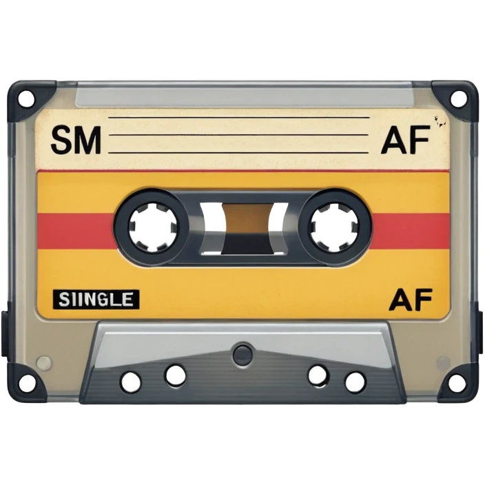 Isolated, rendering, vintage style music cassette tape, vintage appearance white label that reads "single AF" on the front of cassette  emoji