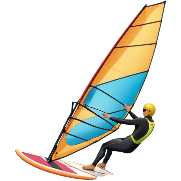 A windsurfer gliding across the ocean, with a vibrant sail catching the wind. The scene captures the motion of the board riding the ocean waves, surrounded by the bright blue sky and ocean, symbolizing the excitement and skill required in the sport of windsurfing. emoji