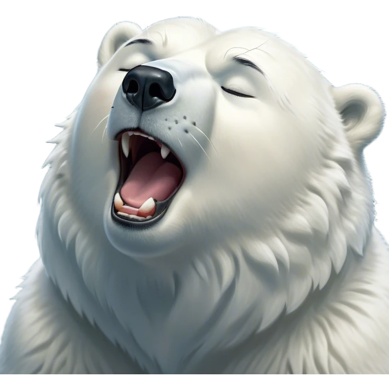 Cinematic Cute Yawning Polar Bear Portrait Emoji, Head tilted slightly with a dramatic, wide-open yawn, showcasing luxuriously thick fur and sleepy, half-closed eyes radiating drowsy contentment, Simplified yet irresistibly adorable features, highly detailed, glowing with a soft, cozy polar light, high shine, relaxed yet expressive, stylized with a dash of whimsical arctic charm, soft glowing outline, capturing the essence of a drowsy yet affectionate guardian that seems ready to stretch out for a nap! emoji