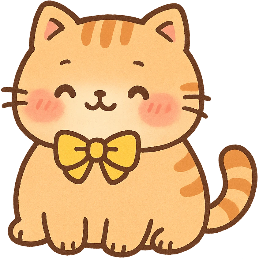 cute chubby cat with a yellow bow, orange tabby fur, blushing cheeks, kawaii style emoji