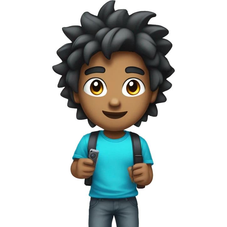 Brown-skinned boy wearing cyan headphones, blue t-shirt, with black hair lifted like a Saiyan, holding a video game controller, looking straight ahead. emoji