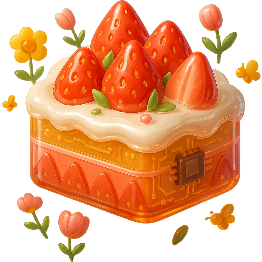 Edit the image to depict a cute strawberry cake with whipped cream and whole strawberries on top, surrounded by flowers. Make the cake shiny and glossy, on a white background, in a 3D style with a glossy circuit look. emoji