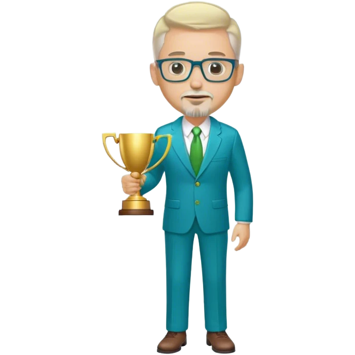 Full Body white male husky in body type  wearing glasses with a goatee with light blonde gray very short hair basketball head Coach in blue and green suit holding trophy emoji