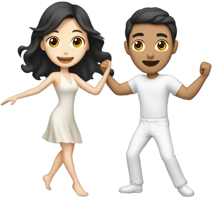 A pale half Asian man with short dark hair and white woman with long wavy brunette hair dancing together emoji