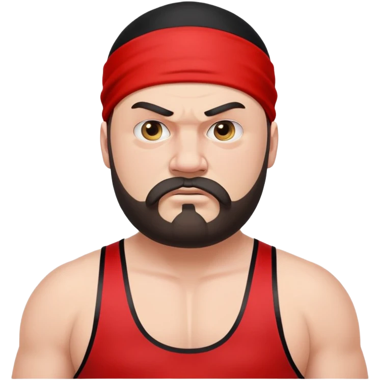 Close-up of very fat white skin guy with young face, beard and mustache, no muscle with prominent black durag, black eyes in a red and black wrestling singlet with angry face emoji