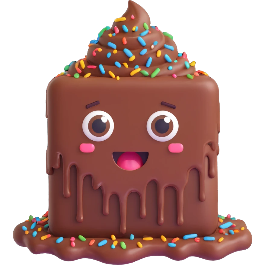 Rectangular chocolate mini pastry, messy chocolate dripping, sprinkles flying, surprised eyes, open mouth, text above: "ПАСТИЧКА", chibi style, Twitch emoji style, transparent background, colorful
 emoji