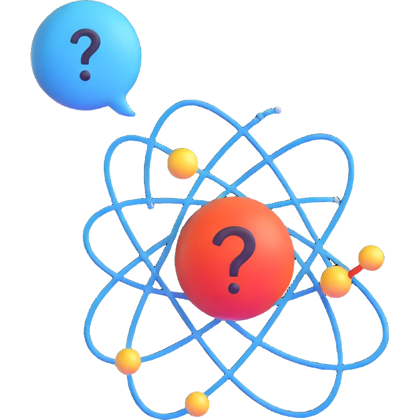 atom with a speech bubble and question mark, representing asking about valency in chemistry emoji