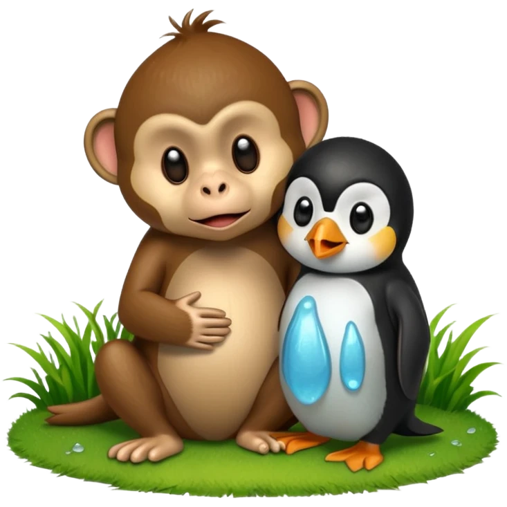 A monkey melting and crying while having a penguin on its head and both of them are touching grass emoji