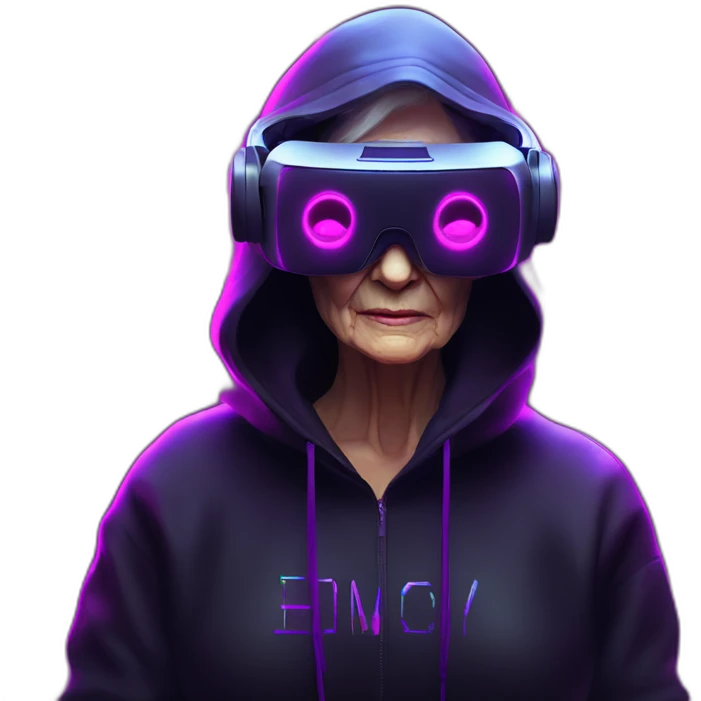Russian old woman wearing a black hoodie with "OMG" letters on it and VR headset in a cyberpunk VR environment with violet neon lighting. emoji