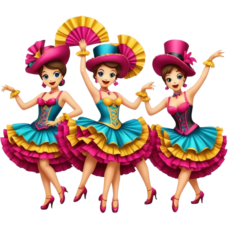 Cinematic Realistic Can-can Dance Emoji, depicted as a lively cabaret dance scene with flouncy costumes and dynamic energetic movement, rendered with vibrant textures and playful theatrical lighting that captures the spirit of French cabaret. emoji