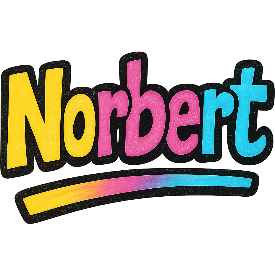Norbert name in modern colorful gradient font with dark outline, partially underlined or underlined below with dynamic slanted underline, transparent background, in the style of the sample images emoji