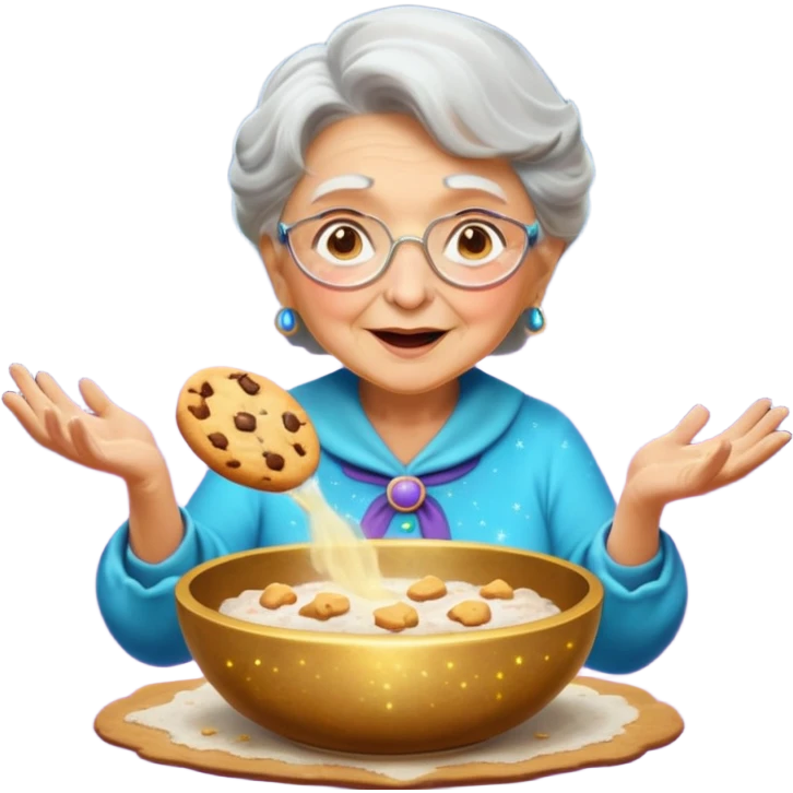 Portrait of a magical grandma casting a baking spell, cookies floating out of a glowing bowl, sparkles and flour swirling around, surreal atmosphere, emoji-style emoji