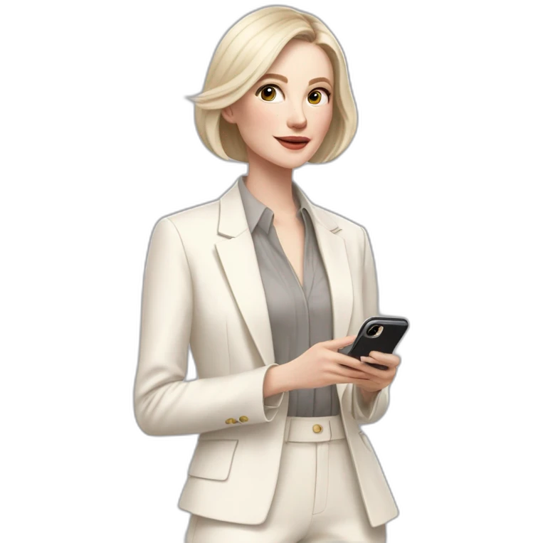 pale skin woman with ash blonde Straightened bob Hair, White Spacious classical jacket, beige palazzo Arrow pants and gray blouse holding white IPhone 14 pro in the hands emoji