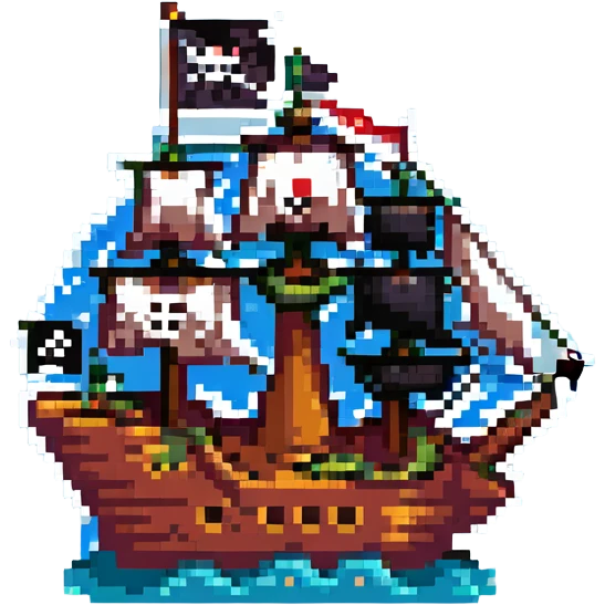 pixel art pirate ship with sails and Jolly Roger flag emoji