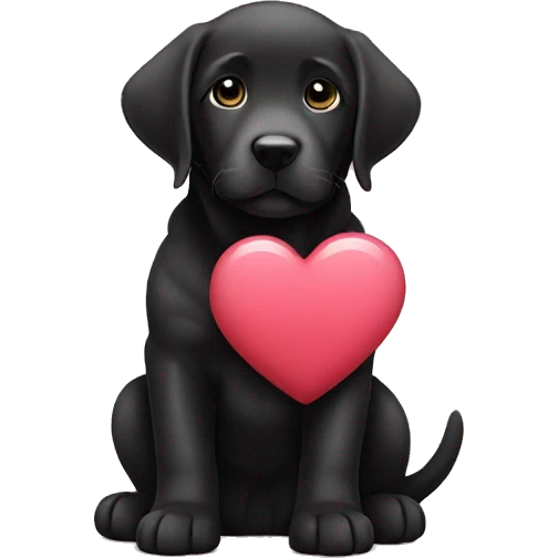 sitting black labrador puppy is holding a heart emoji