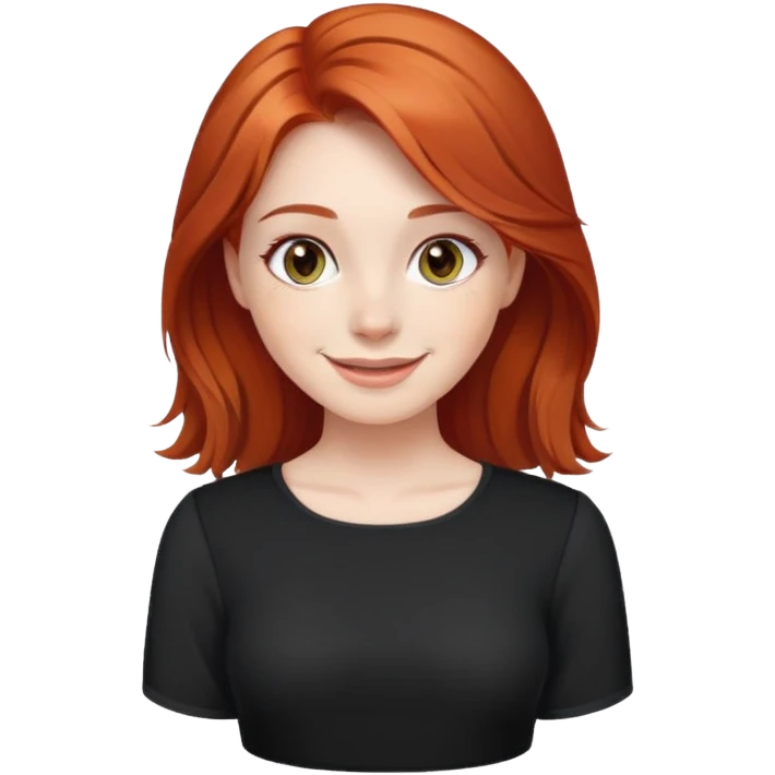 Red-haired girl, white skin, dark hazel eyes, dressed in a black blouse smiling emoji