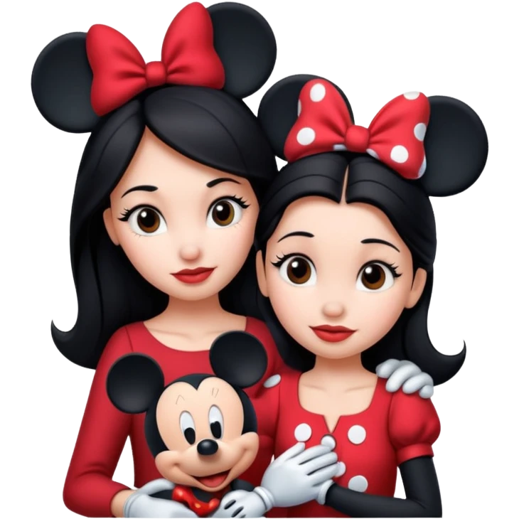 Dark haired women on her own with mickey mouse and Minnie Mouse emoji