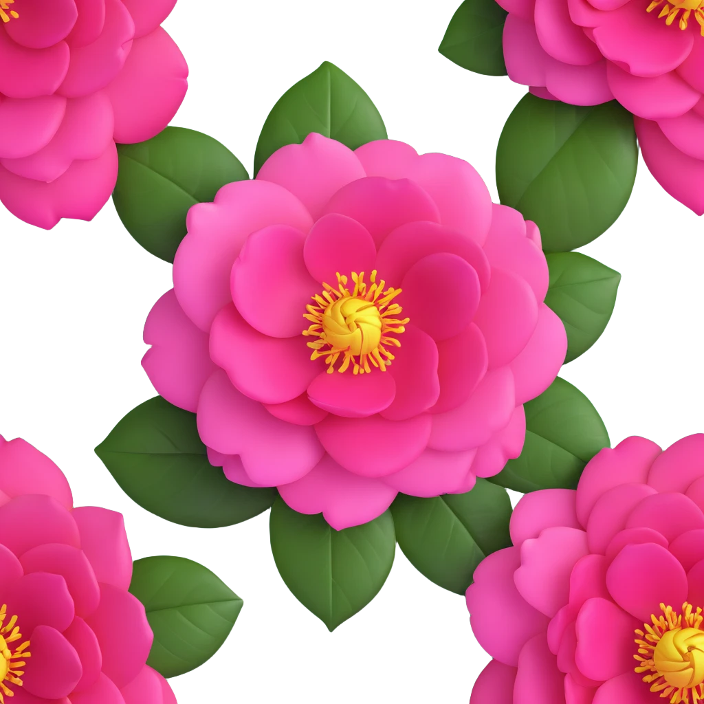 Detailed pink camellia flower with perfectly arranged petals and shiny dark green leaves emoji