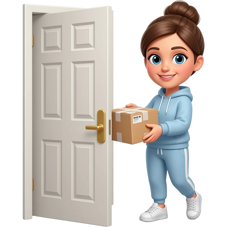 beautiful woman in a sweatshirt, sweat pants and a bun picking up her package outside her door emoji