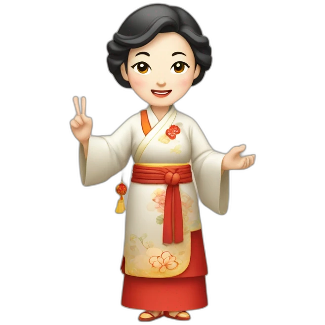Chinese middle aged lady wear Chinese traditional dress  with a sign of agreeable and peace gesture emoji