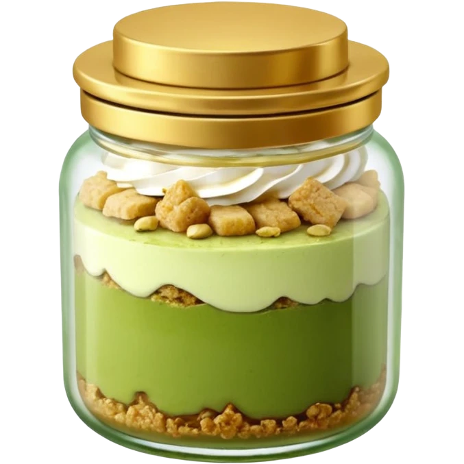 A small round glass jar with a gold lid, filled with layered dessert: creamy white base, green matcha layer in the middle, and a crunchy topping on top.

 emoji