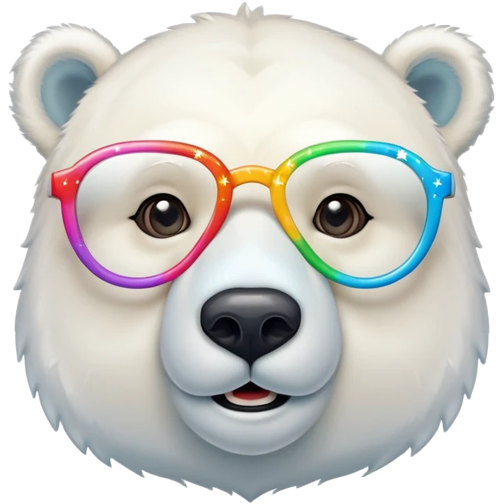 close up headshot of a friendly anthropomorphised polar bear wearing oversized colorful star glasses emoji