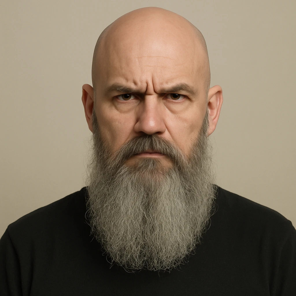 a bald man with a long grey beard, serious face, plain background emoji
