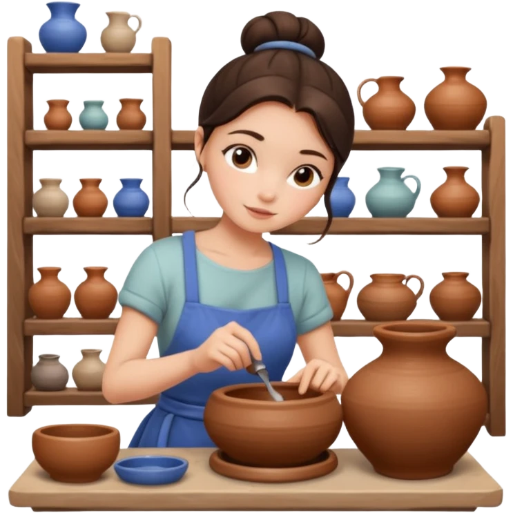Brunette girl, bun, doing pottery, pottery wheel emoji