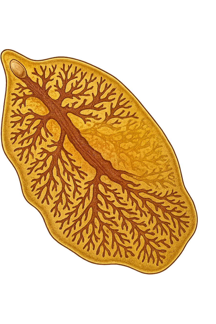 batterio Trematodi epatici (Liver fluke) stile libro di medicina ma senza scritte emoji