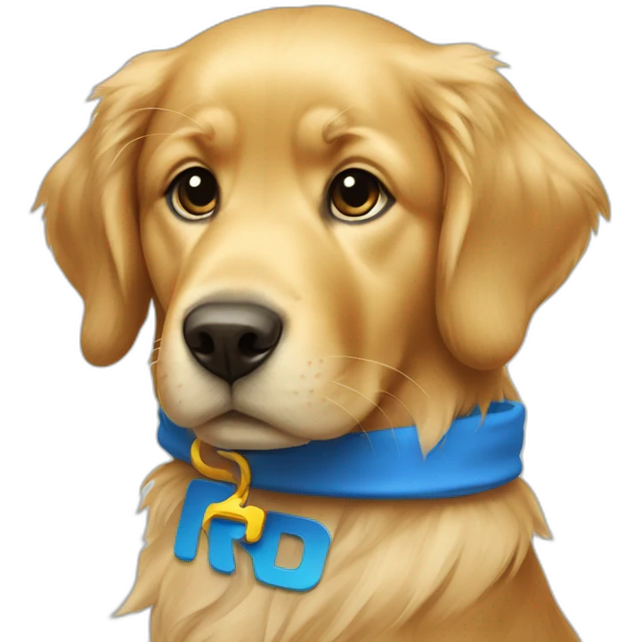 golden retriever with blue t-shirt with the letter r emoji