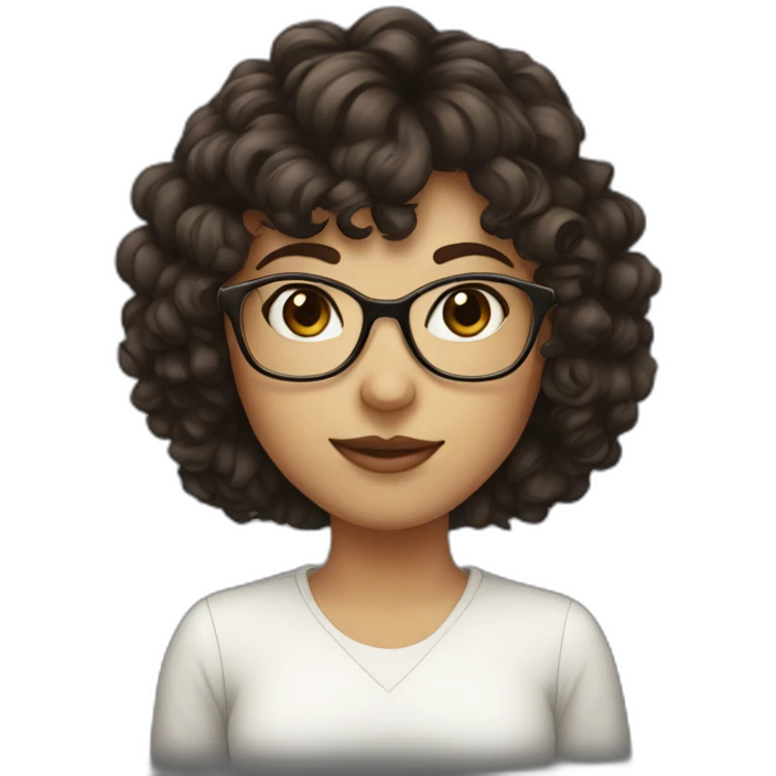 girl with short curly dark brown hair and bangs and she has thin glasses emoji