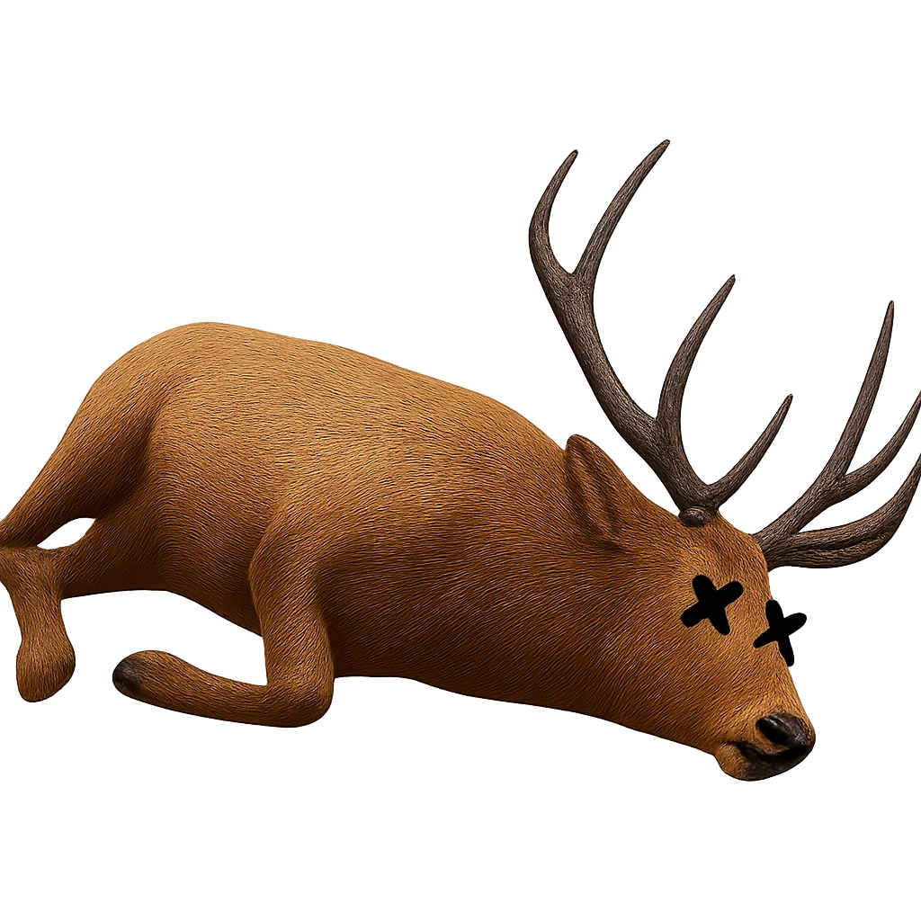 Add cartoon X's over the eyes to indicate the elk is dead, keep the rest realistic, no background. Maintain the realistic style of the elk while adding the cartoon X's over the eyes as a clear dead indicator. emoji