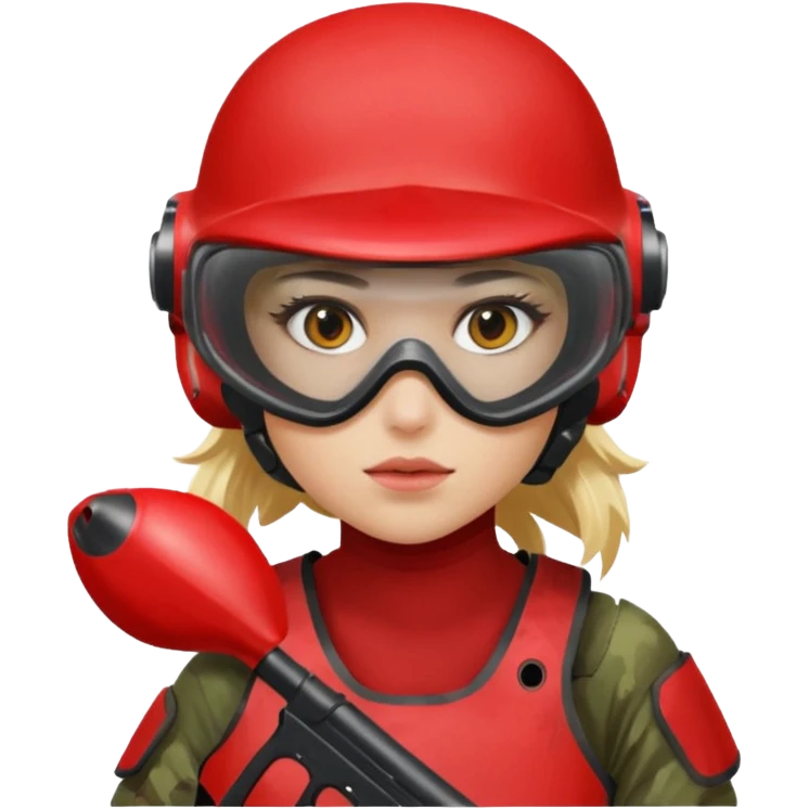 blond girl playing paintball with red paintball helmet with eye protection, only face emoji