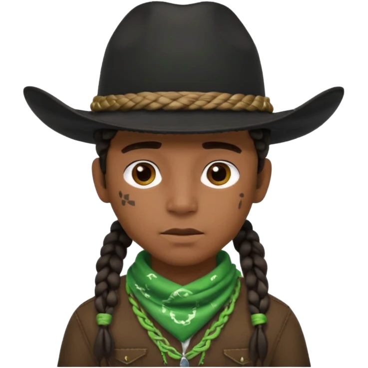 Black boy with 3 braids on each side of face wearing a black cowboy hat with green bandana around his neck emoji
