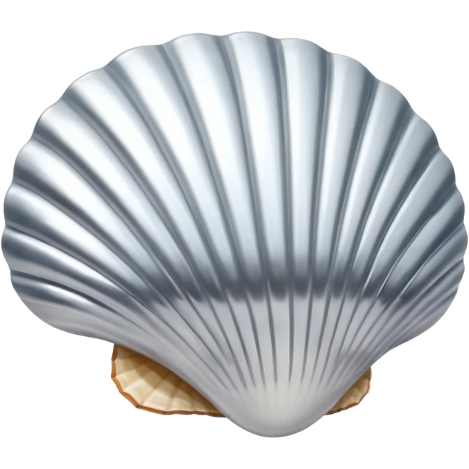 A seashell emoji made of polished silver chrome, smooth curved surface, reflective metallic highlights, elegant minimal design, iOS emoji style, centered, clean white background, soft lighting emoji