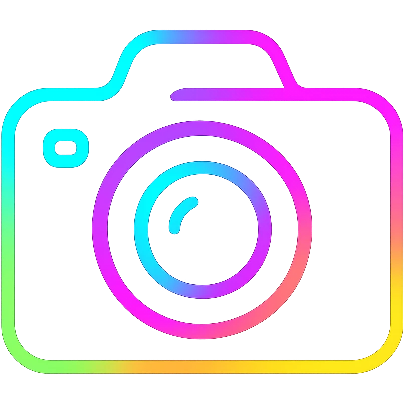 A camera icon with vibrant neon colors and glowing outlines emoji