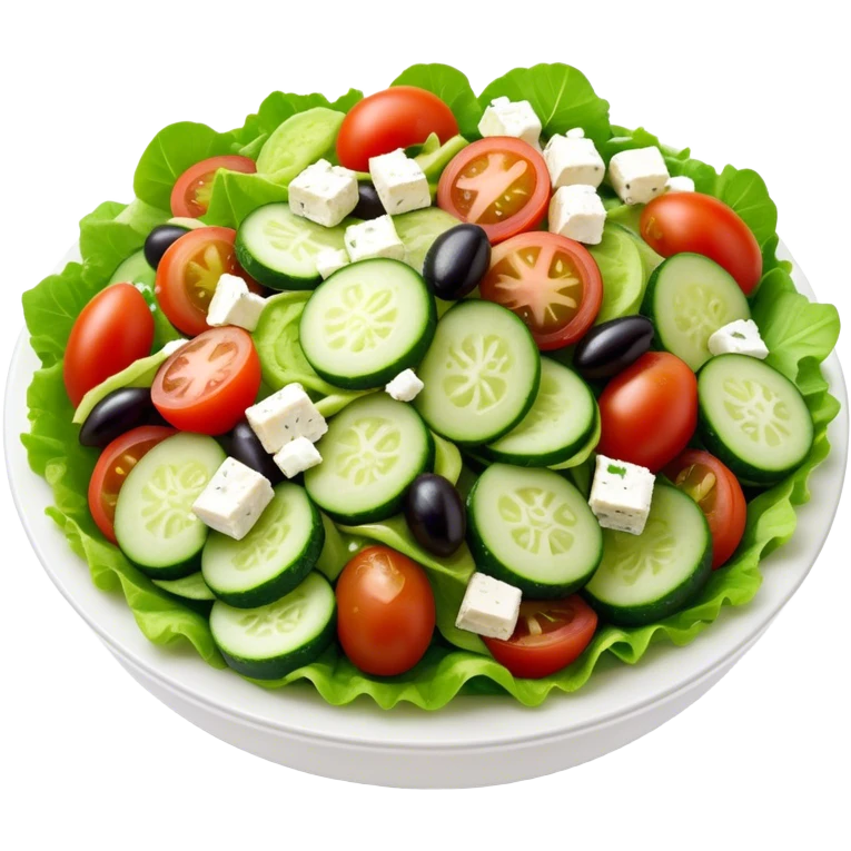 Cinematic Realistic Greek Salad Dish Emoji, depicted with crisp lettuce, tomatoes, cucumbers, olives, and feta cheese rendered with vibrant textures and fresh, natural lighting. emoji