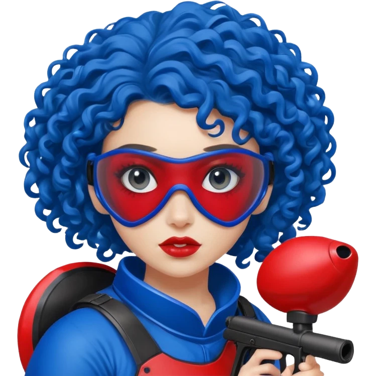 blue curly girl with huge earrings playing paintball with red paintball helmet with eye protection, only face  emoji