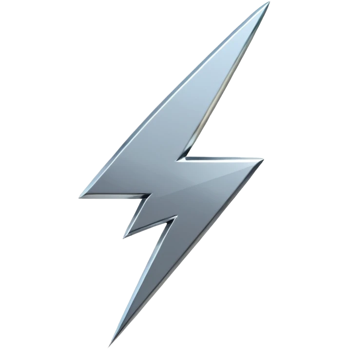 A lightning bolt emoji made of polished silver chrome, sharp yet rounded edges, glossy metallic surface, soft reflections, minimal futuristic design, iOS emoji style, centered, clean white background emoji